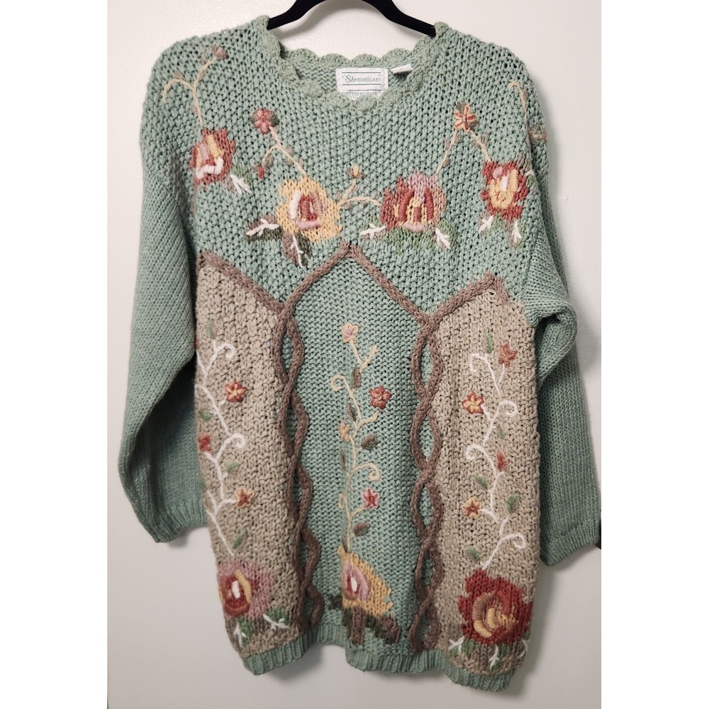 Vtg Shenanigans Hand‎ Knit Green Floral Long Sleeve Sweater L Cottagecore Chunky
